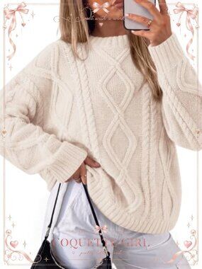 Women Oversized Chunky Cable Knit Crewneck Sweater Fall Winter Layering